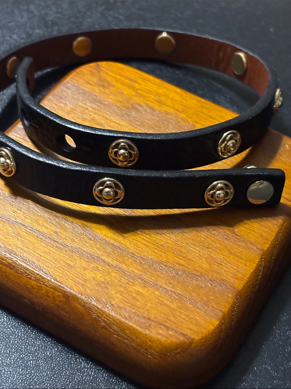 Black Leather‎ Wrap Bracelet with Gold Clover/Floral Rivets Stella & Dot
